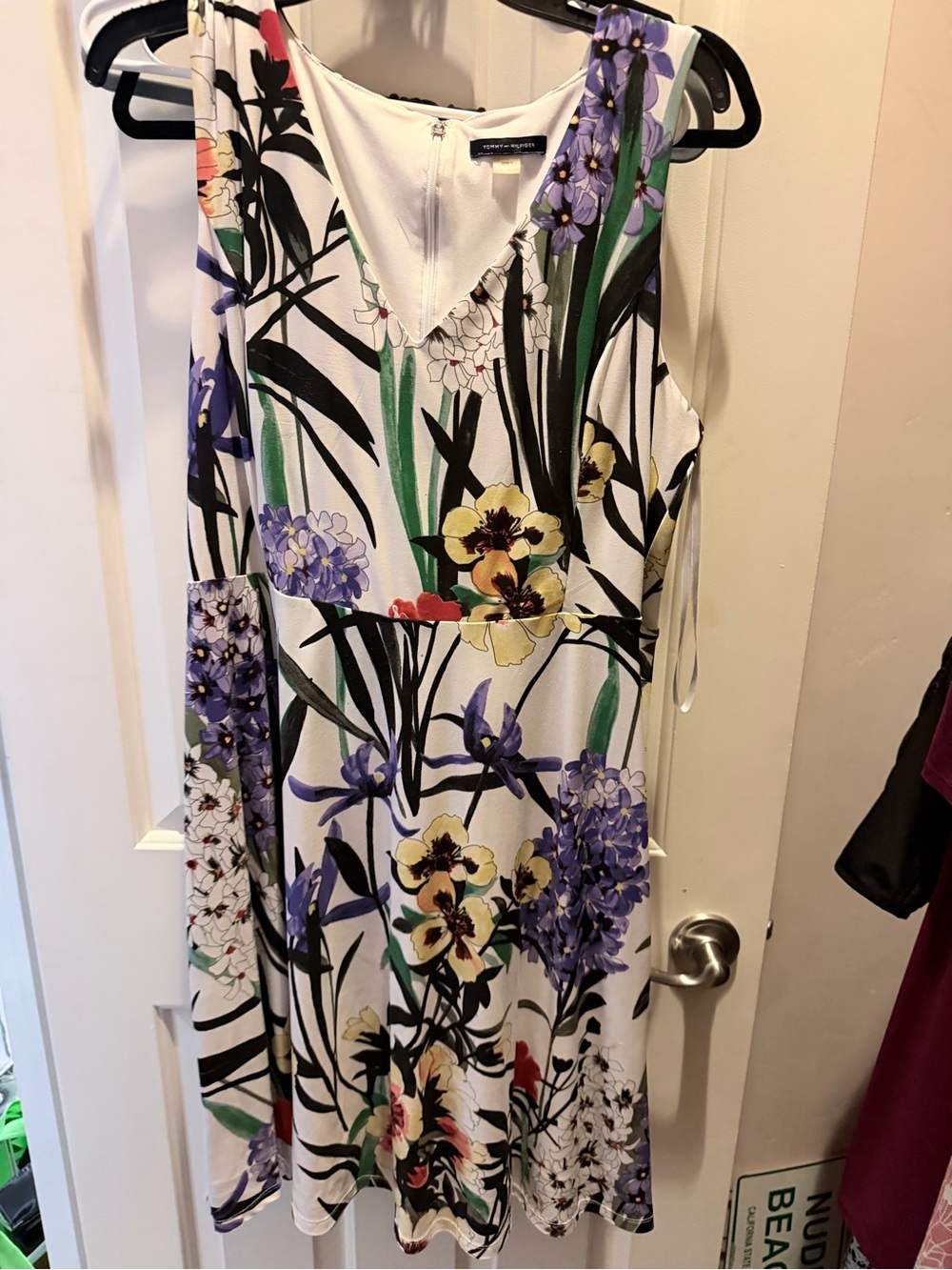 Tommy Hilfiger White Floral A-Line Dress with Purple & Green Accents